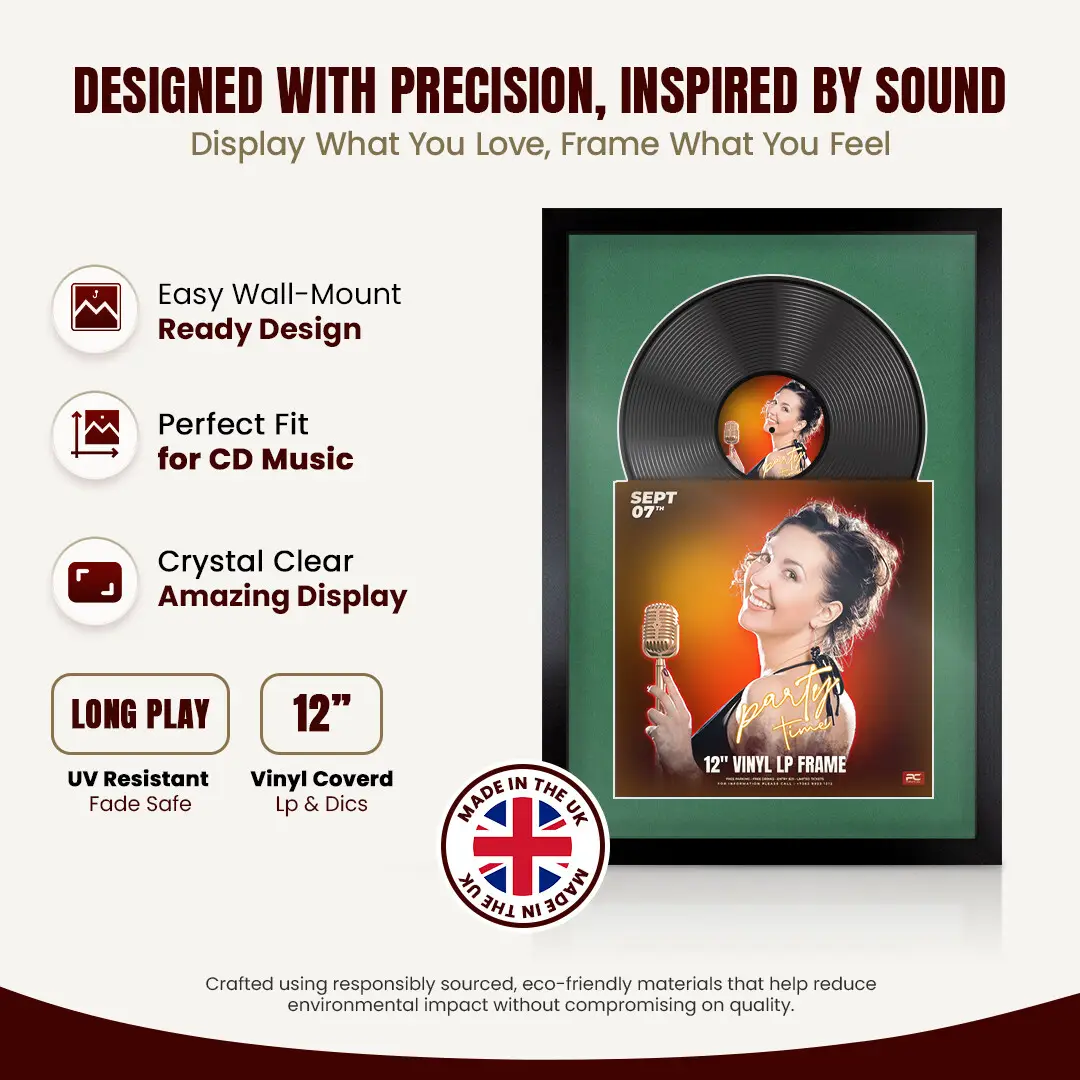25x17" Modern Sleek Black Vinyl Record Frame For LP Cover & Disc With Emerald (Green) Mount | Overlapped Display thumbnail 8