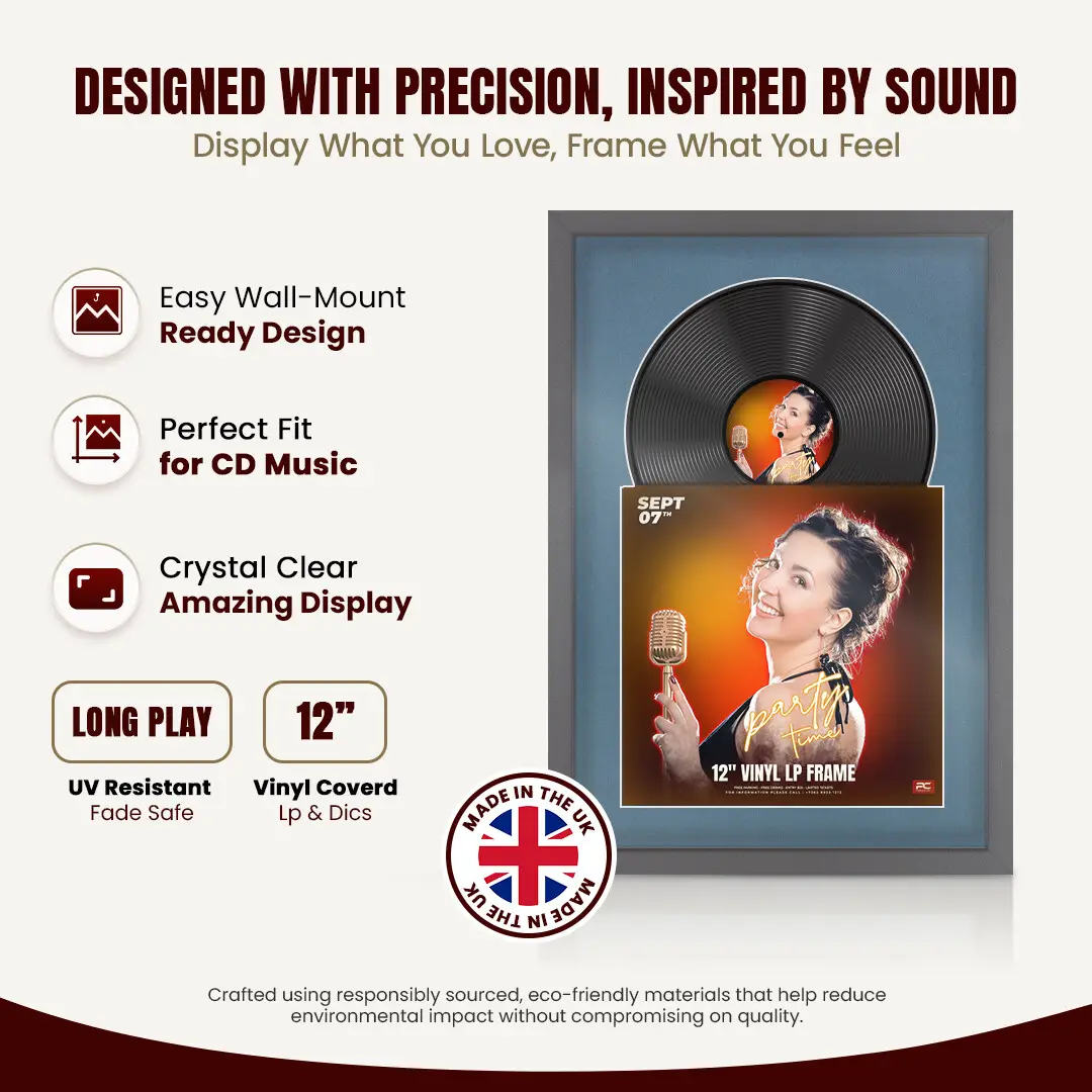 25x17" Modern Sleek Dark Grey Vinyl Record Frame For 12 Inch LP Cover & Disc With Pompador Mount | Overlapped Vinyl Display thumbnail 8