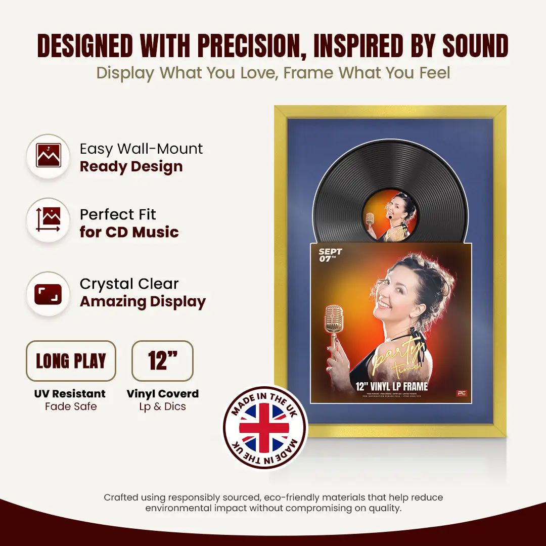 25x17" Modern Sleek Gold Vinyl Record Frame For 12 Inch LP Cover & Disc With Blue Mount | Overlapped Vinyl Display thumbnail 8