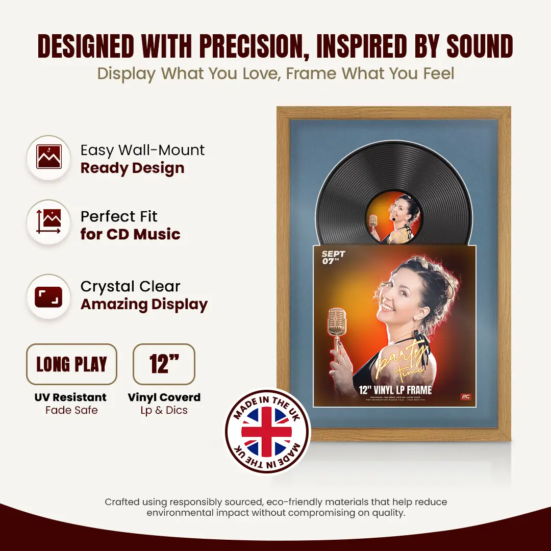 25x17" Modern Sleek Oak Vinyl Record Frame For LP Cover & Disc With Pompador Mount | Overlapped Display thumbnail 8
