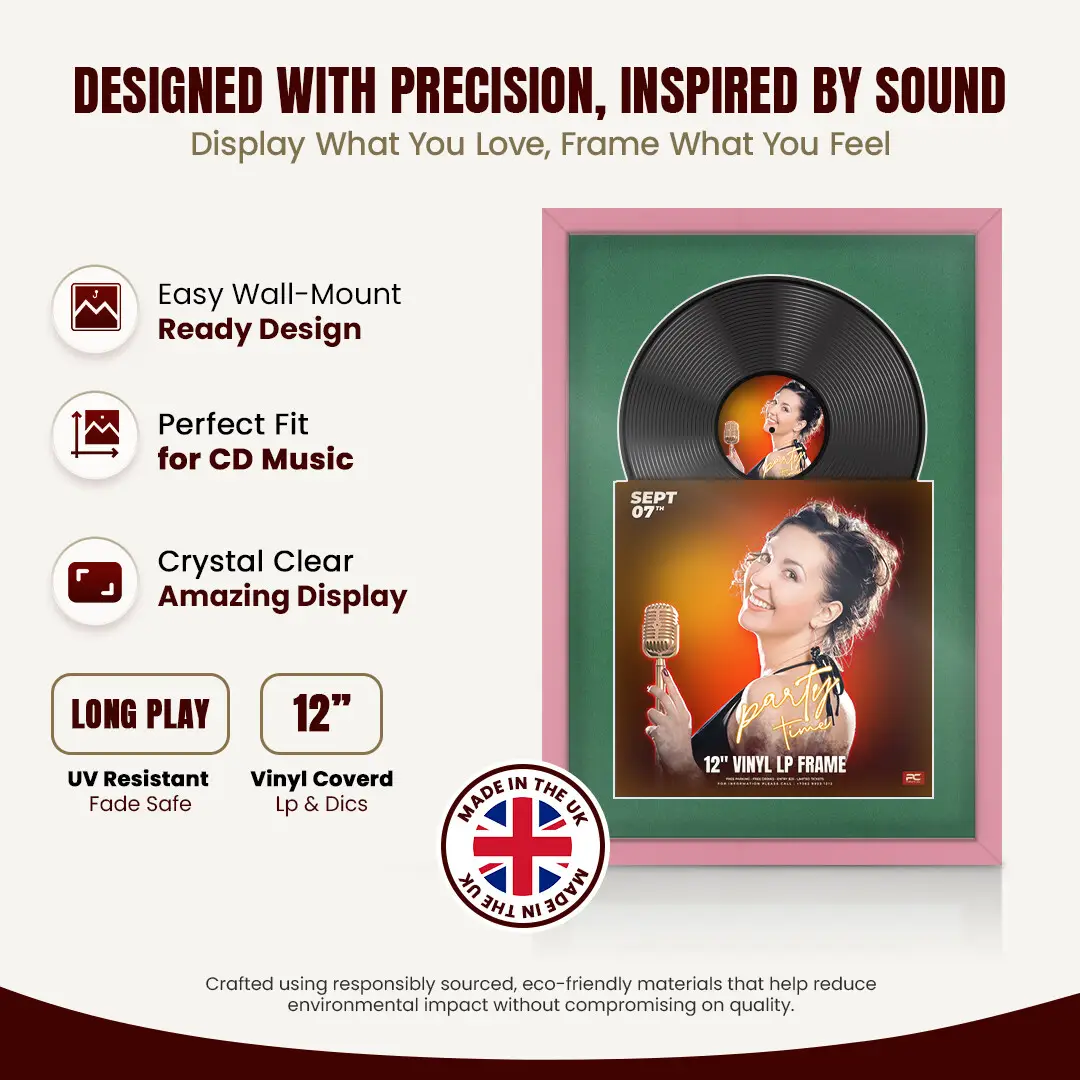 25x17" Modern Sleek Pastel Pink Vinyl Record Frame For 12 Inch LP Cover & Disc With Emerald (Green) Mount | Overlapped Vinyl Display thumbnail 8
