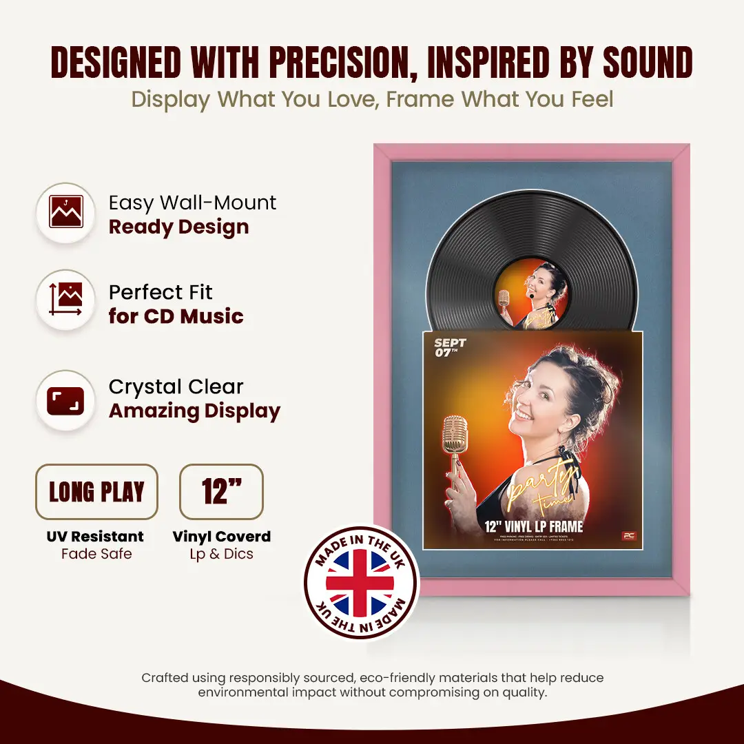 25x17" Modern Sleek Pastel Pink Vinyl Record Frame For 12 Inch LP Cover & Disc (Overlapped) With Pompador Mount | Elegant Music Display thumbnail 8