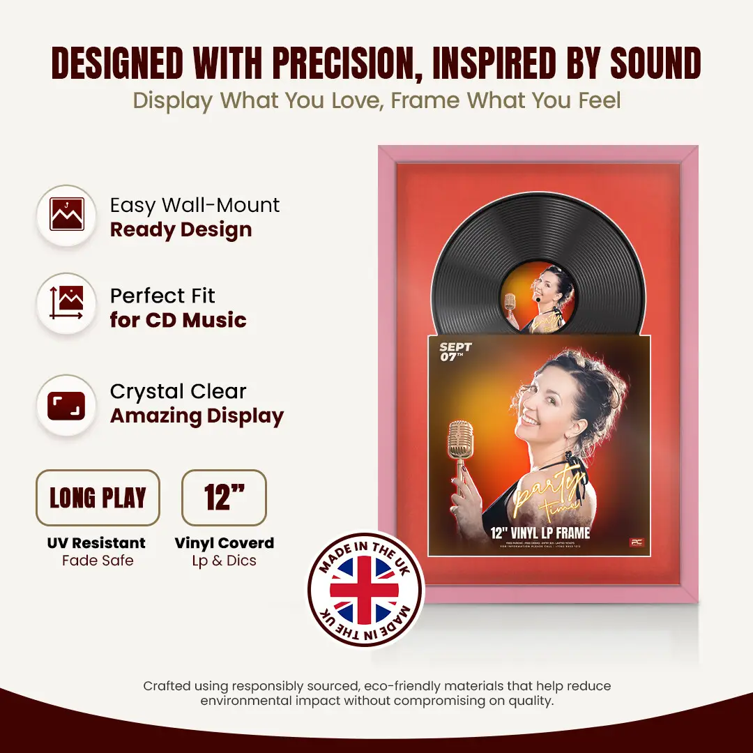 25x17" Modern Sleek Pastel Pink Vinyl Record Frame For 12 Inch LP Cover & Disc With Poppy Red Mount | Overlapped Vinyl Display thumbnail 8