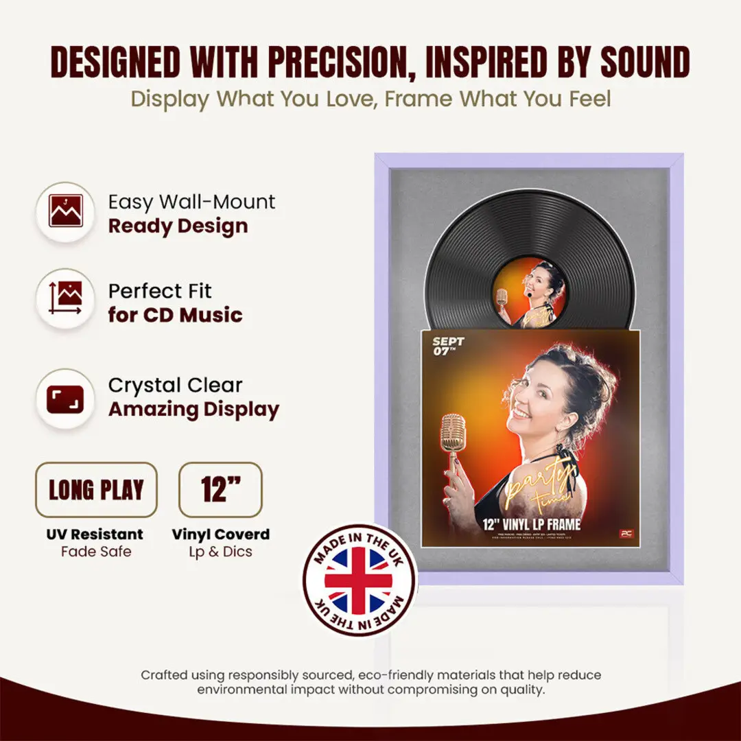 25x17" Modern Sleek Purple Vinyl Record Frame For LP Cover & Disc With Mid Grey Mount | Overlapped Display thumbnail 8