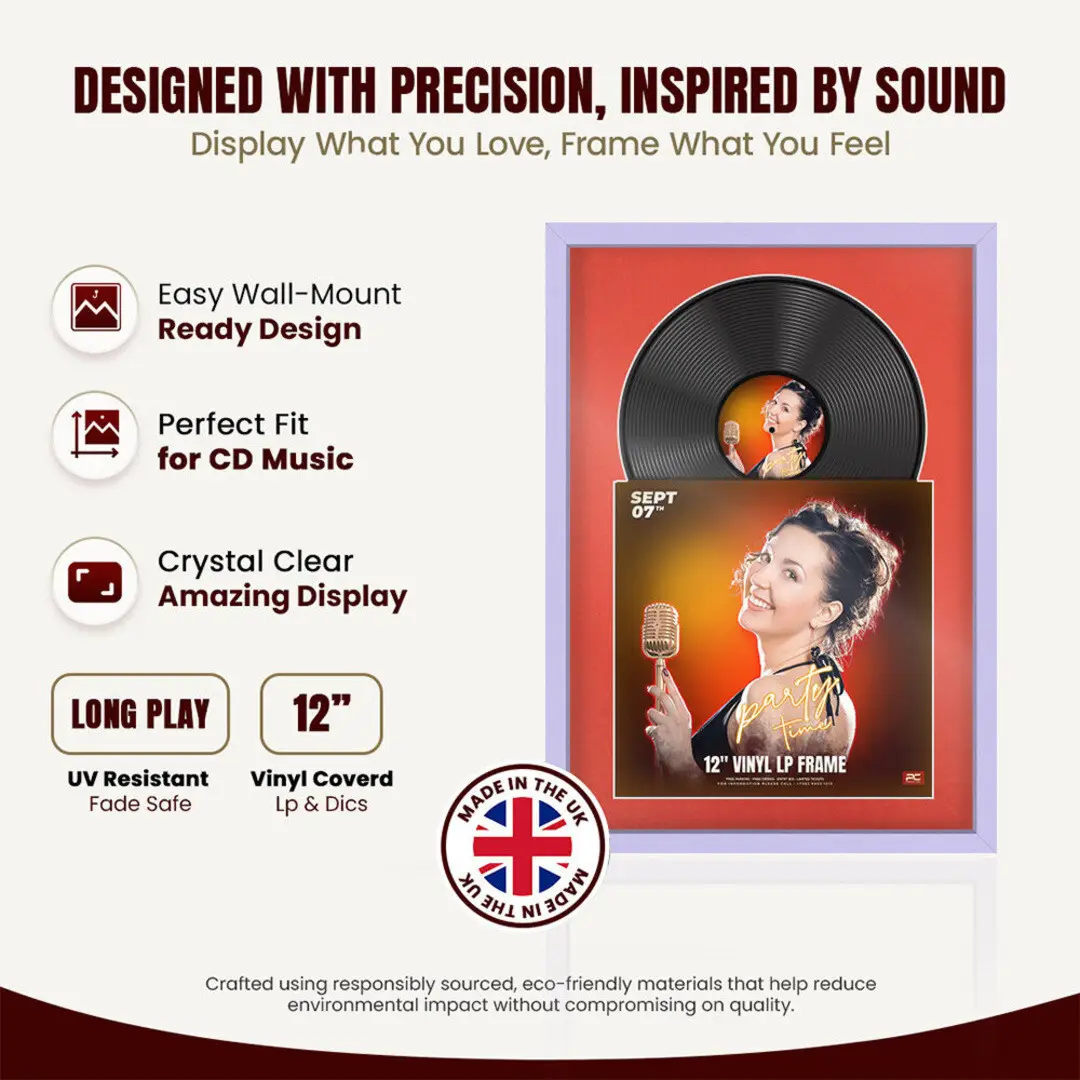 25x17" Modern Sleek Purple Vinyl Record Frame For LP Cover & Disc With Poppy Red Mount | Overlapped Display thumbnail 8