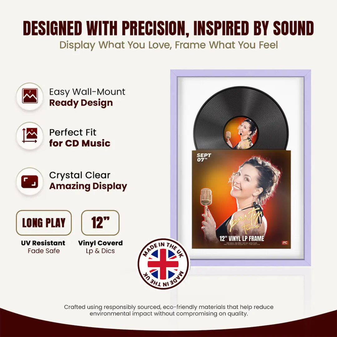 25x17" Modern Sleek Purple Vinyl Record Frame For LP Cover & Disc With Ice White Mount | Overlapped Display thumbnail 8