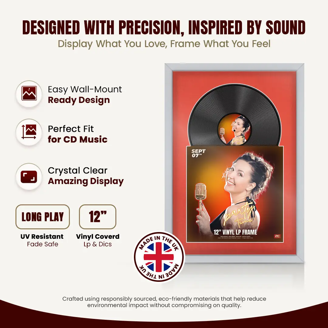 25x17" Modern Sleek Silver Vinyl Record Frame For 12 Inch LP Cover & Disc (Overlapped) With Poppy Red Mount | Elegant Music Display thumbnail 8