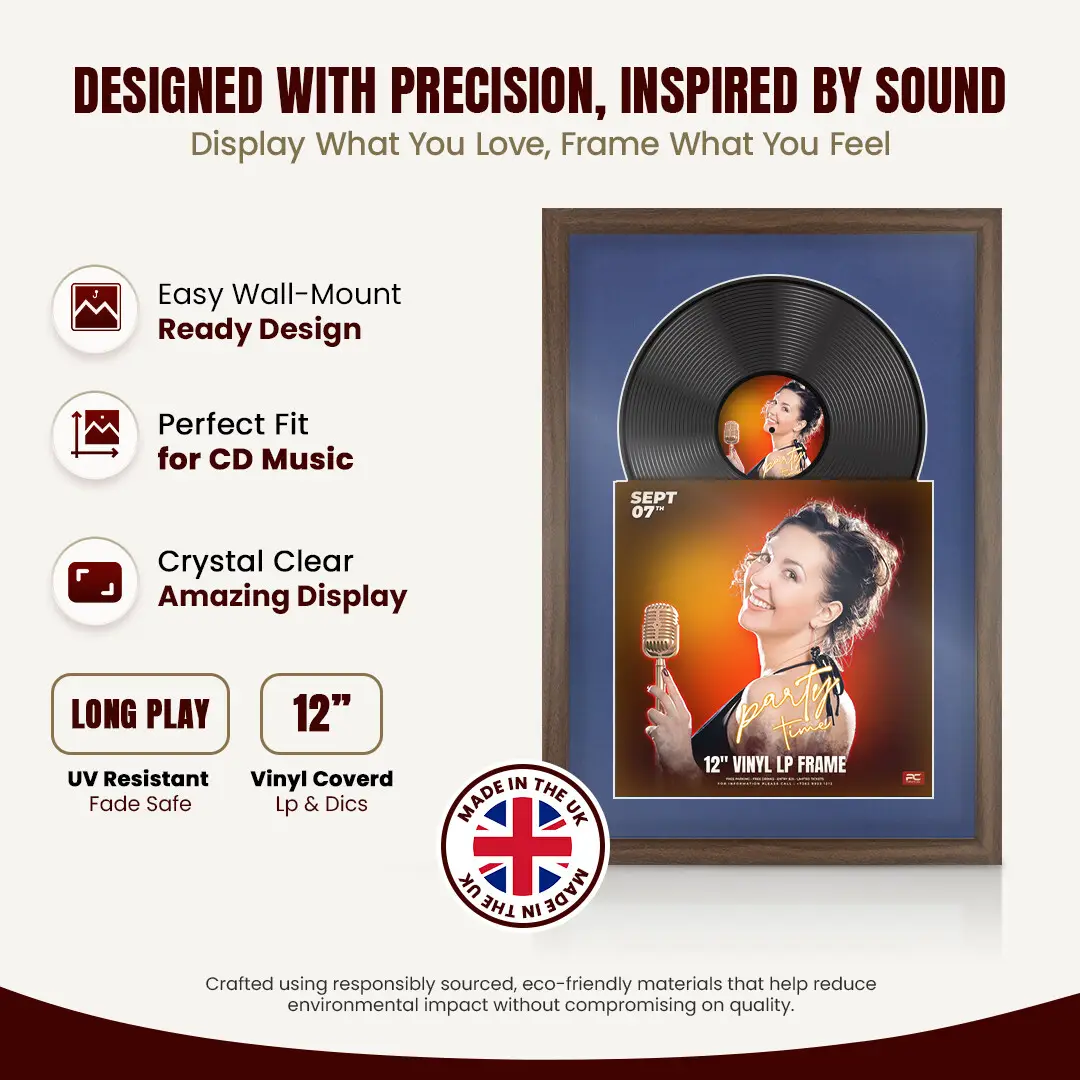 25x17" Modern Sleek Walnut Vinyl Record Frame For LP Cover & Disc With Blue Mount | Overlapped Display thumbnail 8