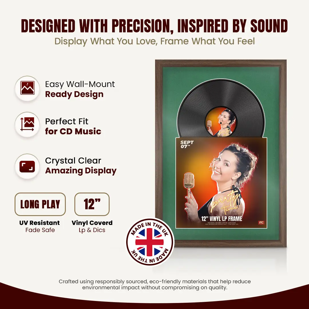 25x17" Modern Sleek Walnut Vinyl Record Frame For 12 Inch LP Cover & Disc (Overlapped) With Emerald (Green) Mount | Elegant Music Display thumbnail 8