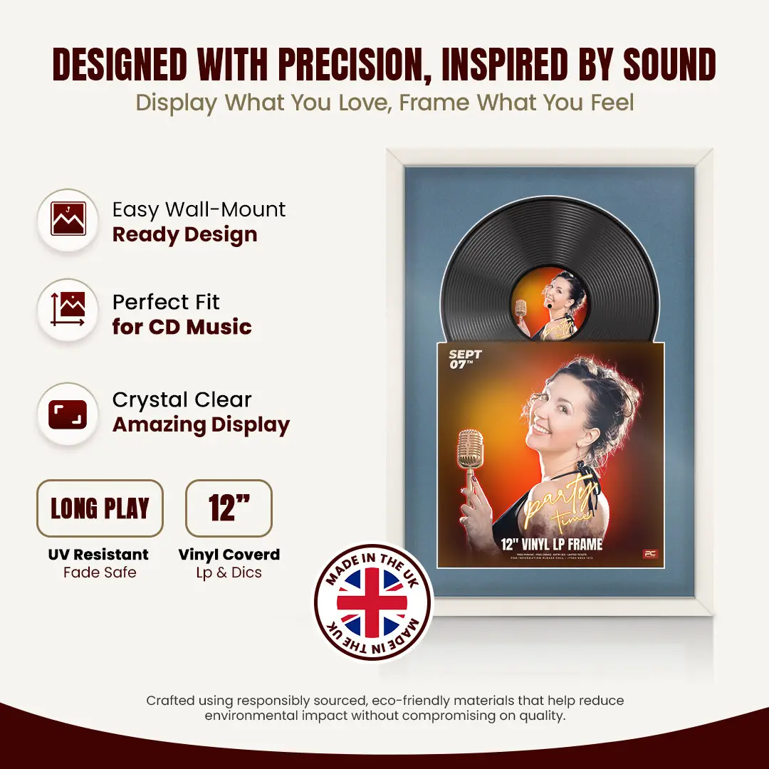25x17" Modern Sleek White Vinyl Record Frame For 12 Inch LP Cover & Disc With Black Mount | Overlapped Vinyl Display thumbnail 8