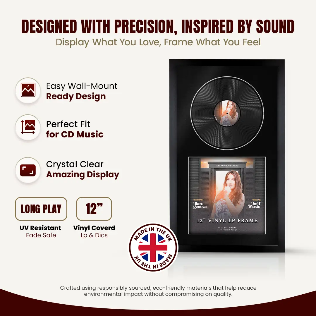 30x17" Modern Sleek Black Vinyl Record Frame With Black Mount | Displays 12" LP Cover & Disc Side by Side thumbnail 8