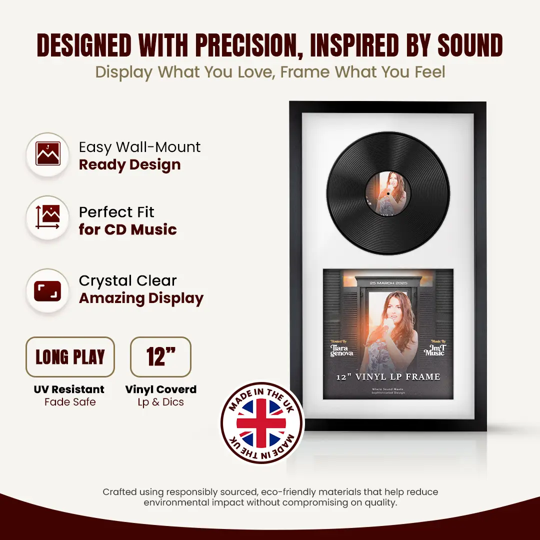 30x17" Modern Sleek Black Vinyl Record Frame With Ice White Mount | Side by Side 12" LP Cover & Disc Display thumbnail 8