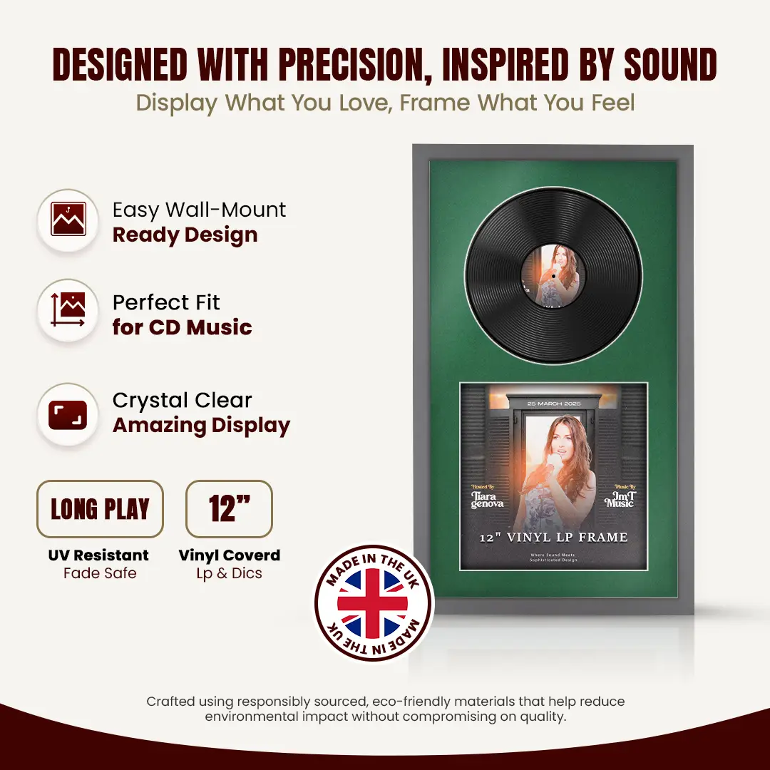 30x17" Modern Sleek Dark Grey Vinyl Record Frame With Emerald (Green) Mount | Displays 12" LP Cover & Disc Side by Side thumbnail 8