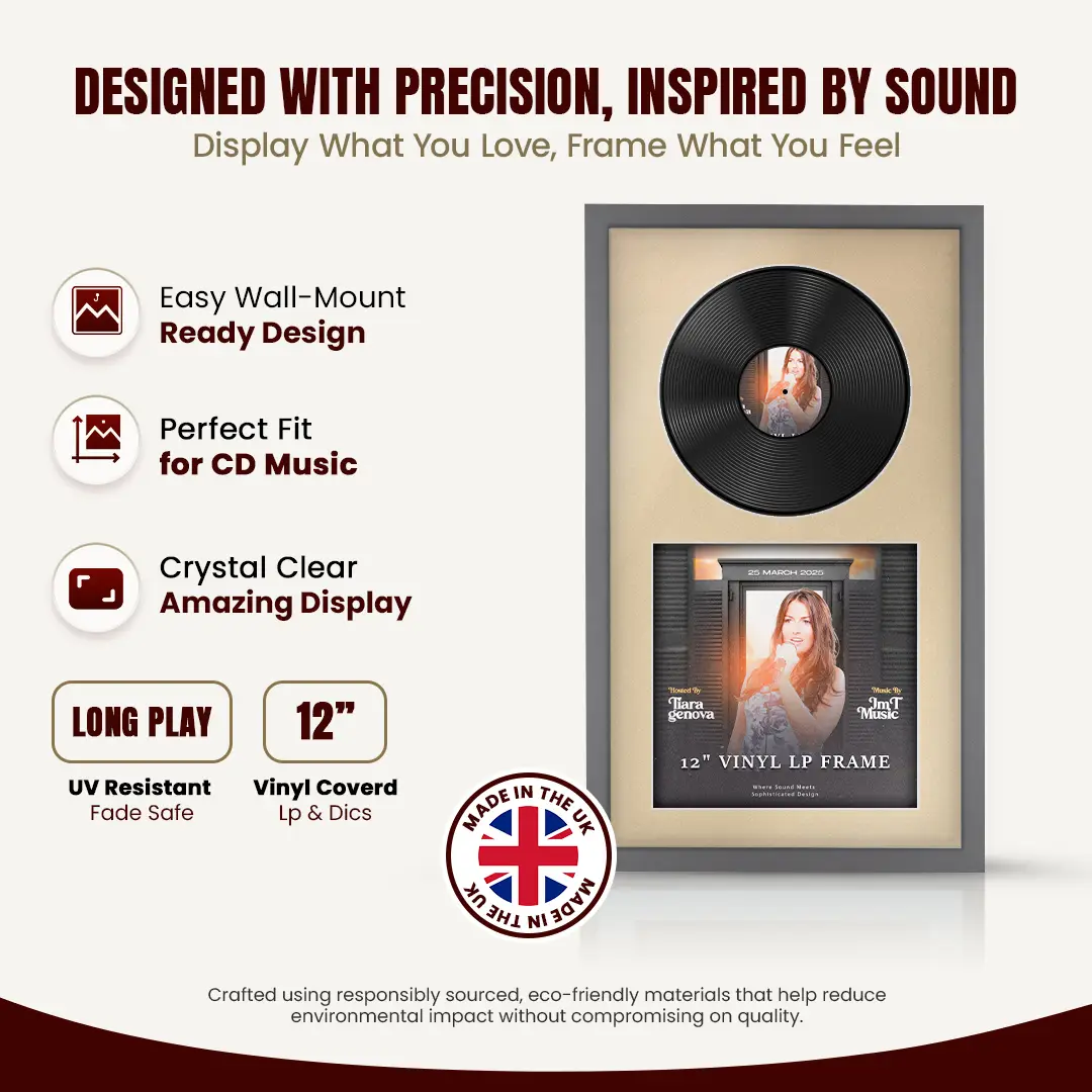 30x17" Modern Sleek Dark Grey Vinyl Record Frame With Ivory Mount | Side by Side 12" LP Cover & Disc Display thumbnail 8