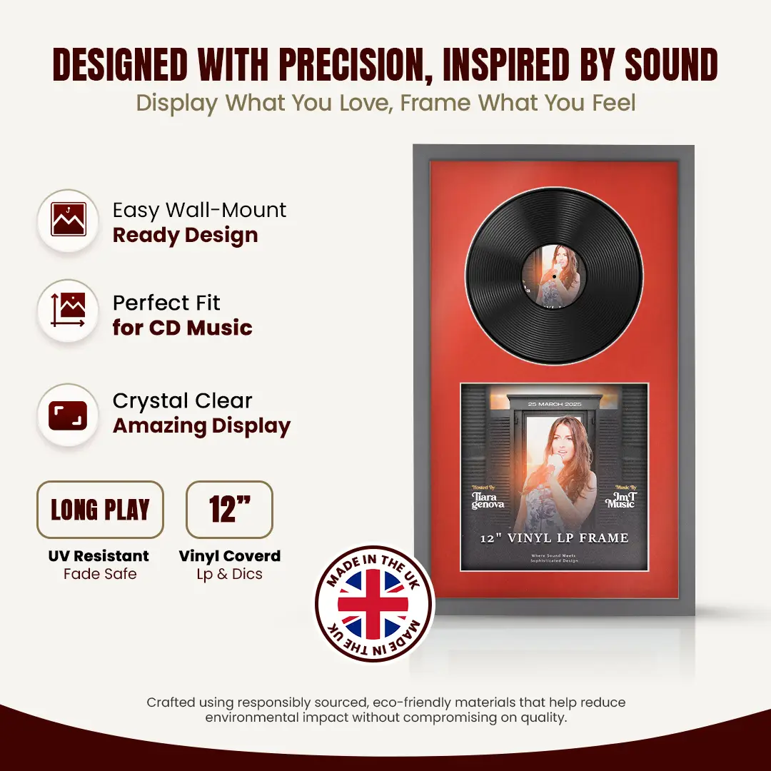 30x17" Modern Sleek Dark Grey Vinyl Record Frame With Poppy Red Mount | Displays 12" LP Cover & Disc Side by Side thumbnail 8