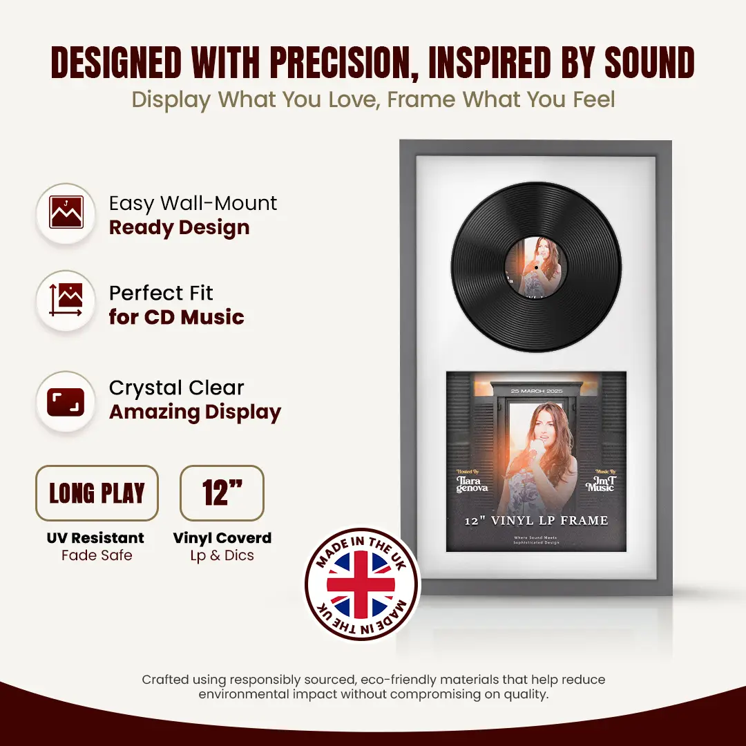 30x17" Modern Sleek Dark Grey Vinyl Record Frame With Ice White Mount | Side by Side 12" LP Cover & Disc Display thumbnail 8