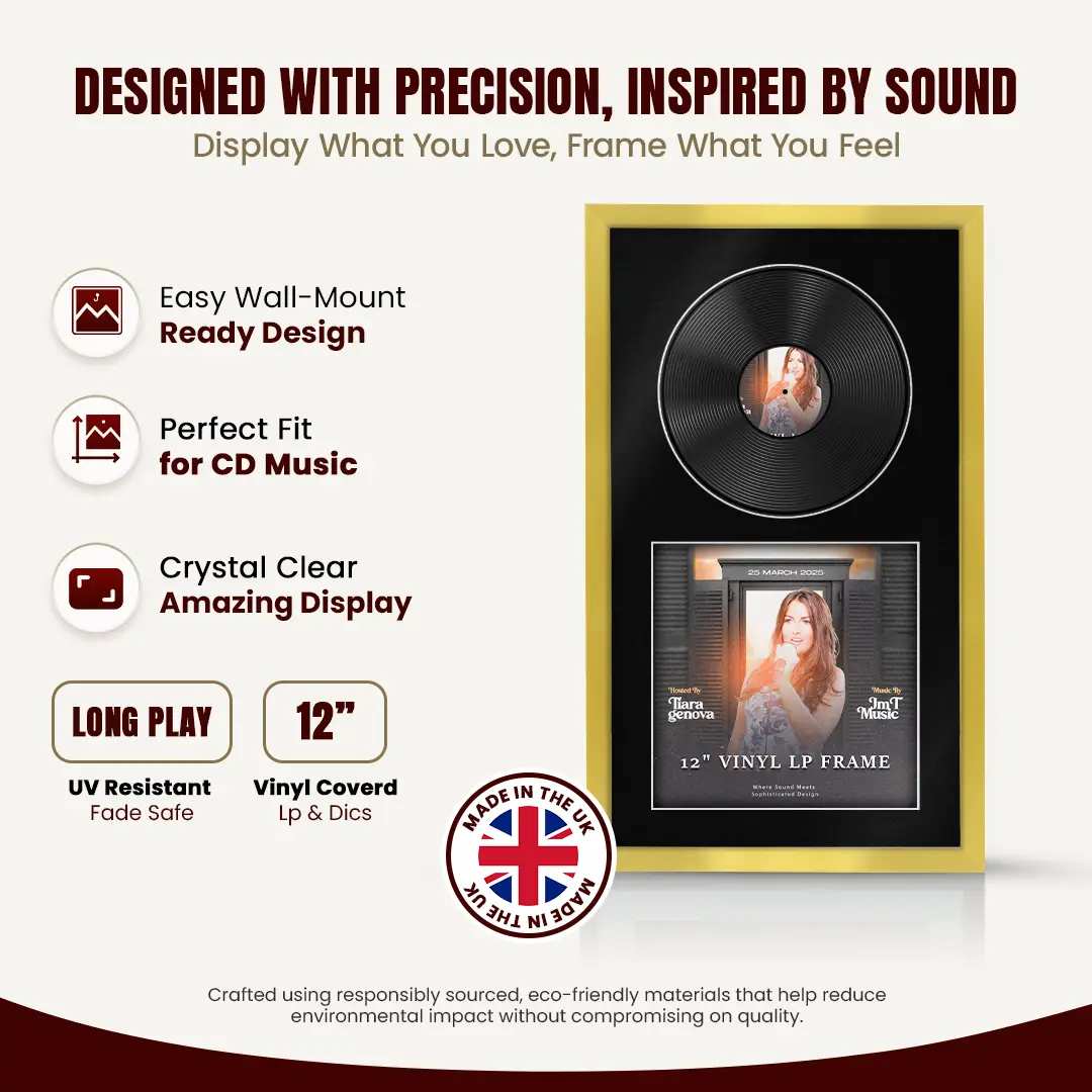 30x17" Modern Sleek Gold Vinyl Record Frame With Black Mount | Displays 12" LP Cover & Disc Side by Side thumbnail 8