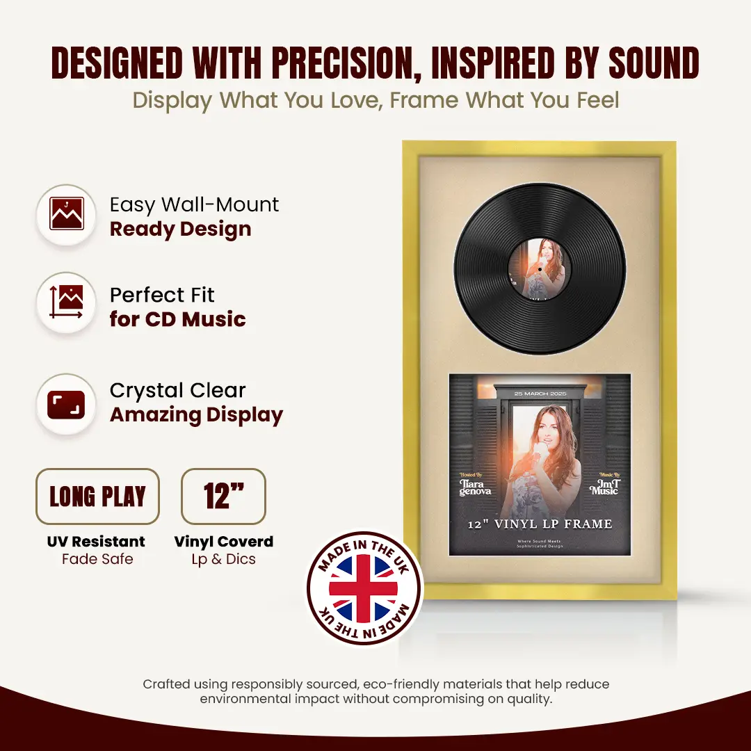 30x17" Modern Sleek Gold Vinyl Record Frame With Poppy Red Mount | Side by Side 12" LP Cover & Disc Display thumbnail 8