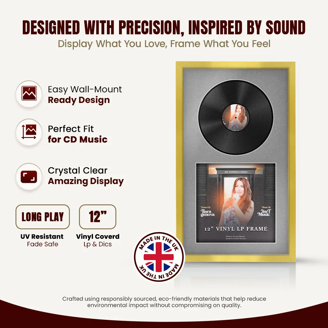 30x17" Modern Sleek Gold Vinyl Record Frame With Silver Mount | Displays 12" LP Cover & Disc Side by Side thumbnail 8