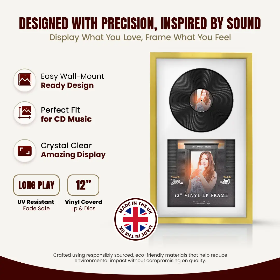 30x17" Modern Sleek Gold Vinyl Record Frame With Ice White Mount | Side by Side 12" LP Cover & Disc Display thumbnail 8