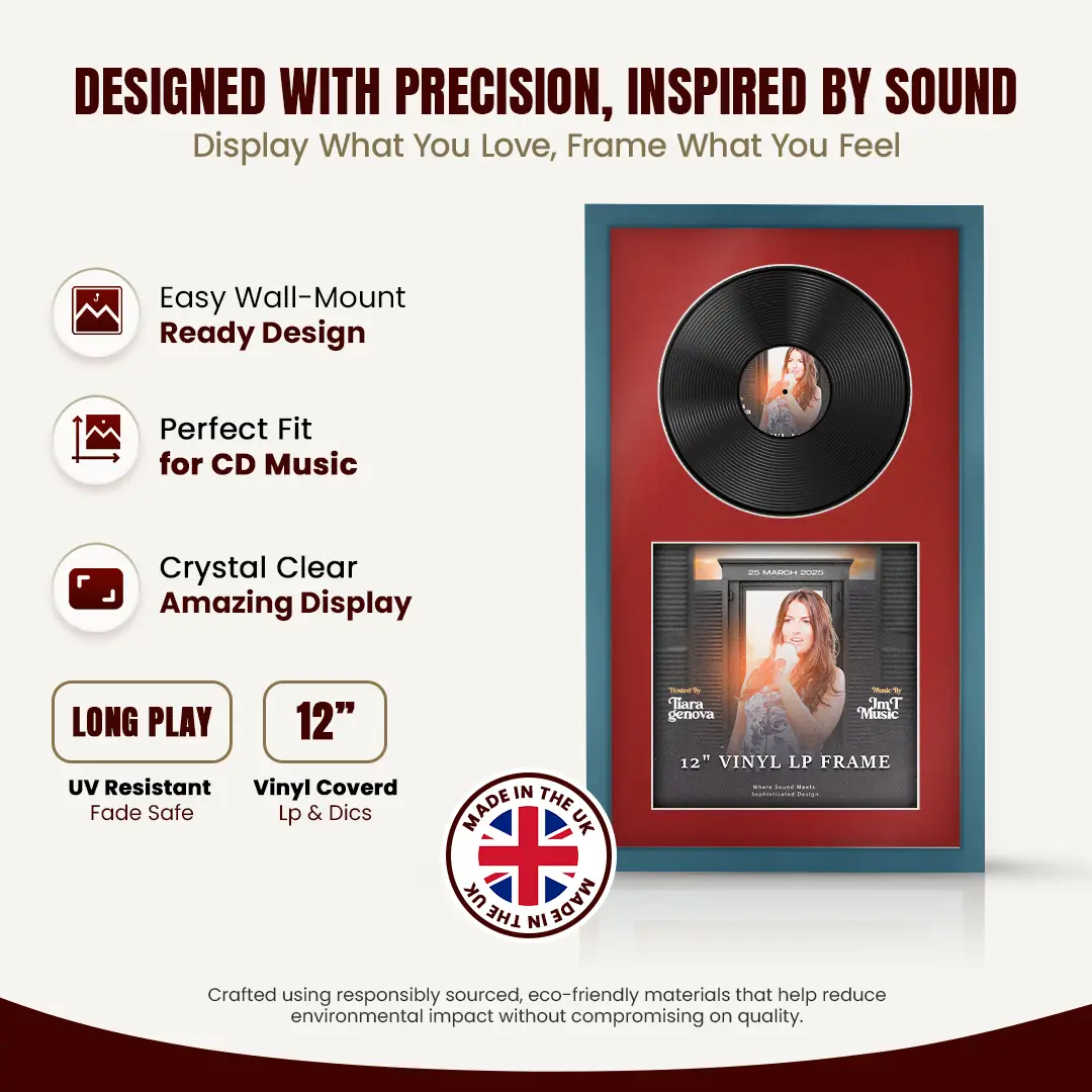 30x17" Modern Sleek Navy Blue Vinyl Record Frame With Crimson Mount | For 12" LP Cover and Disc Side By Side Display thumbnail 8