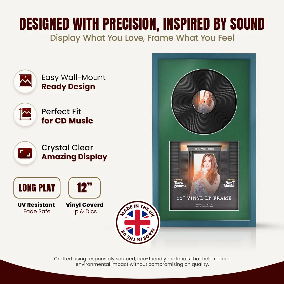 30x17" Modern Sleek Navy Blue Vinyl Record Frame With Emerald (Green) Mount | Displays 12" LP Cover & Disc Side by Side thumbnail 8
