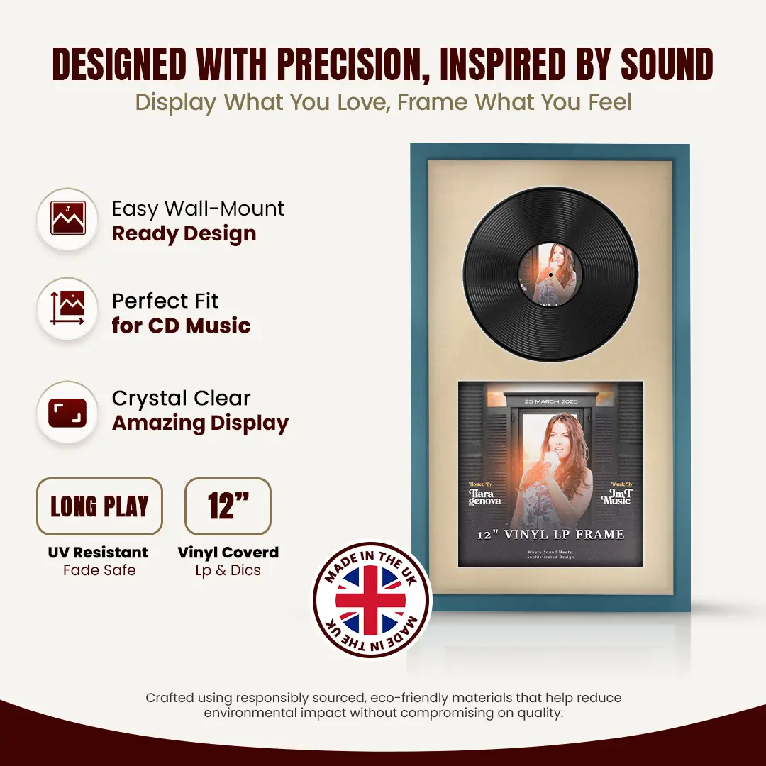 30x17" Modern Sleek Navy Blue Vinyl Record Frame With Ivory Mount | Side by Side 12" LP Cover & Disc Display thumbnail 8