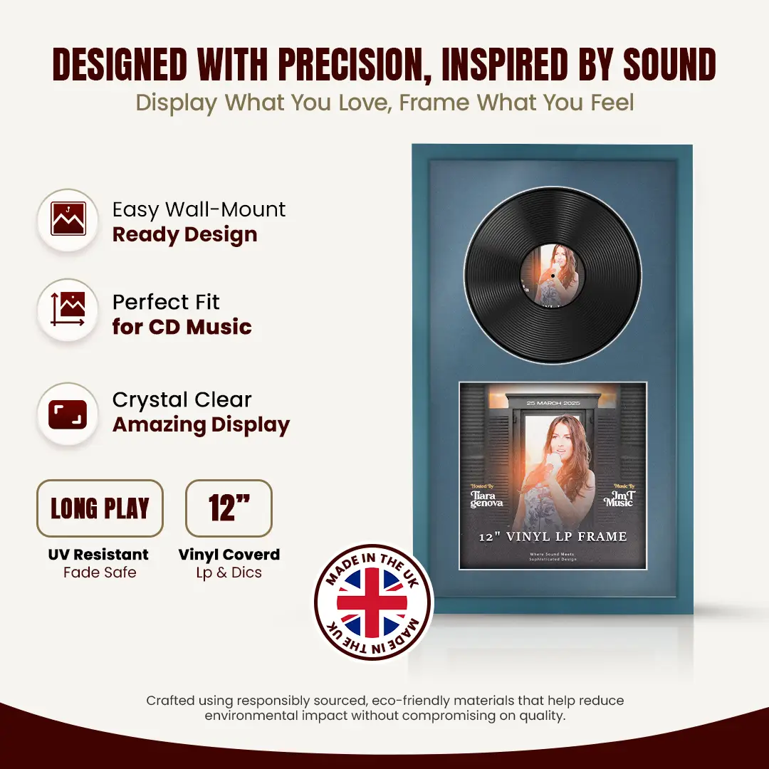 30x17" Modern Sleek Navy Blue Vinyl Record Frame With Pompador Mount | Displays 12" LP Cover & Disc Side by Side thumbnail 8