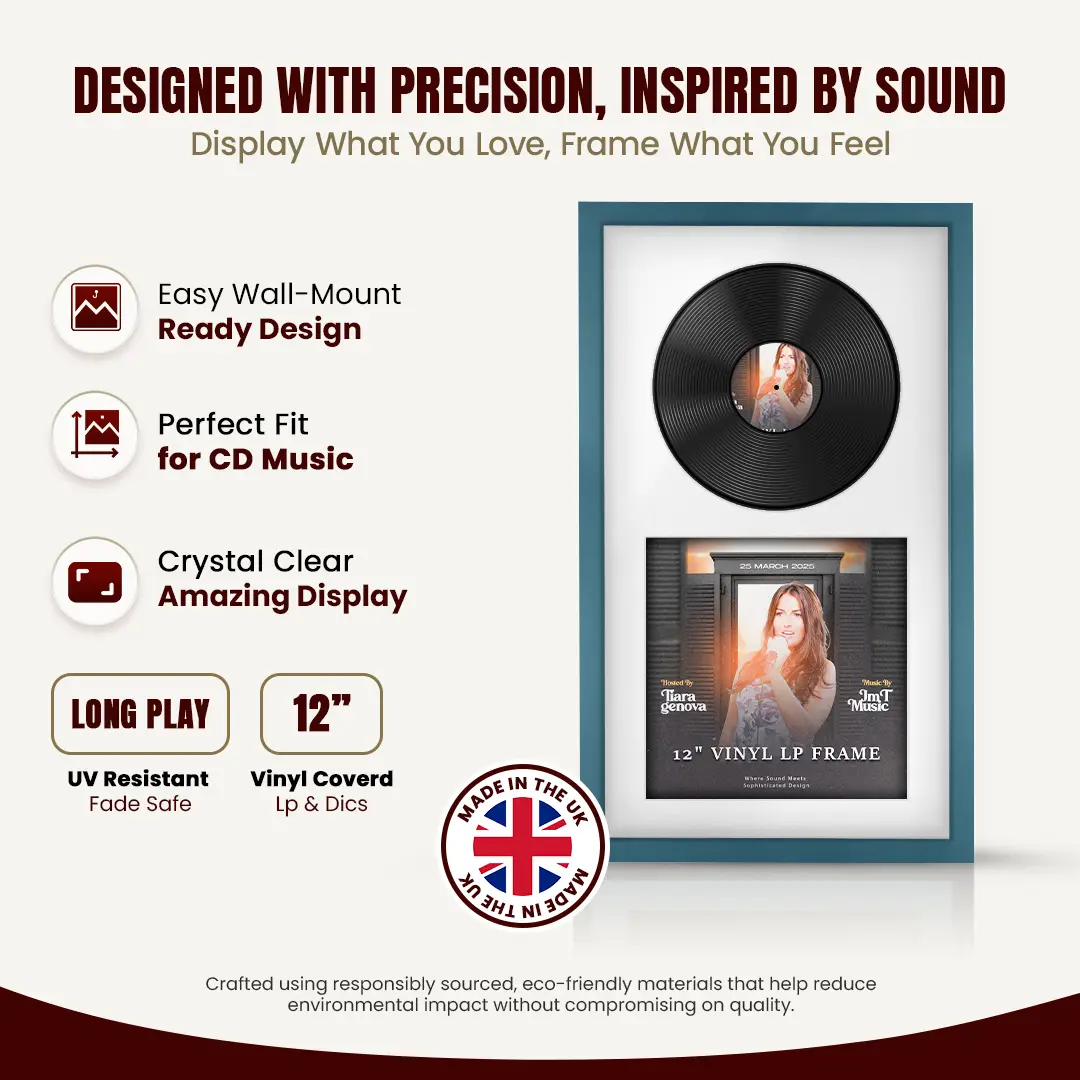 30x17" Modern Sleek Navy Blue Vinyl Record Frame With Ice White Mount | Displays 12" LP Cover & Disc Side by Side thumbnail 8