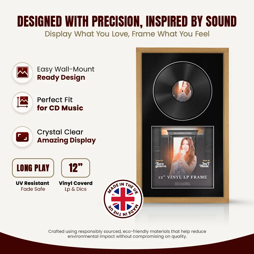 30x17" Modern Sleek Oak Vinyl Record Frame With Poppy Red Mount | Side by Side 12" LP Cover & Disc Display thumbnail 8