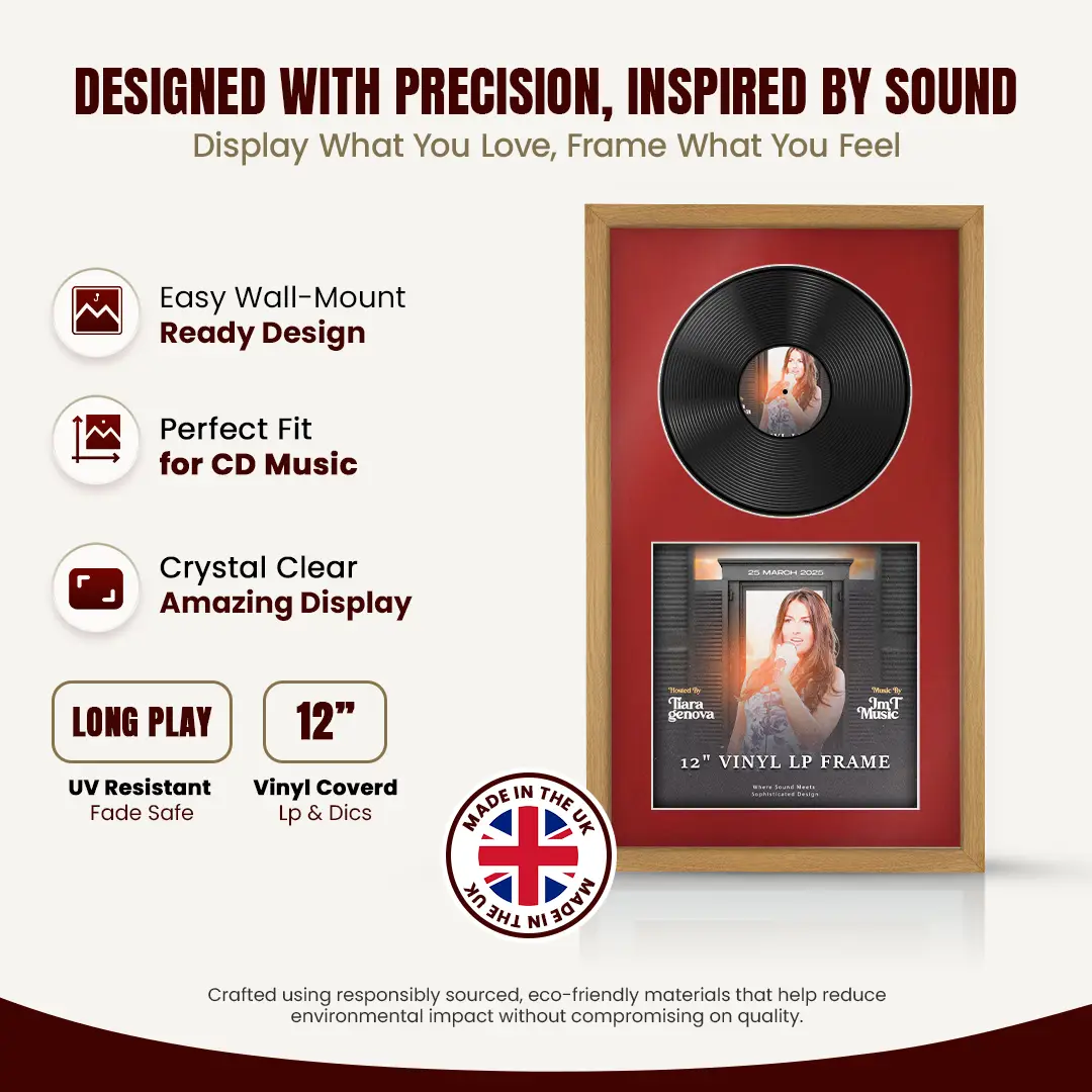 30x17" Modern Sleek Oak Vinyl Record Frame With Crimson Mount | Displays 12" LP Cover & Disc Side by Side thumbnail 8