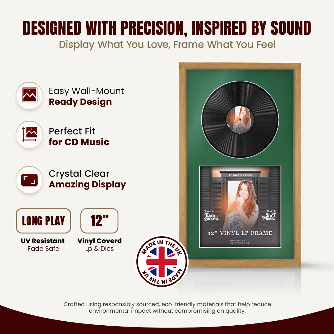 30x17" Modern Sleek Oak Vinyl Record Frame With Emerald (Green) Mount | Displays 12" LP Cover & Disc Side by Side thumbnail 8