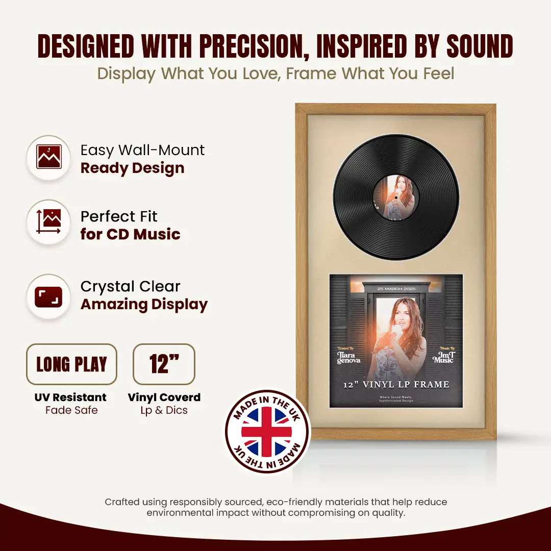30x17" Modern Sleek Oak Vinyl Record Frame With Ivory Mount | Displays 12" LP Cover & Disc Side by Side thumbnail 8