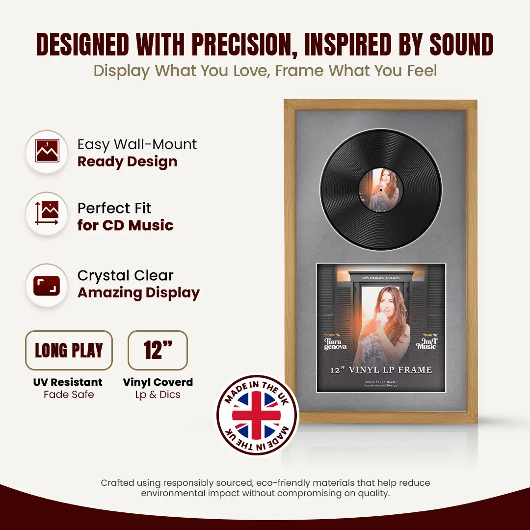 30x17" Modern Sleek Oak Vinyl Record Frame With Mid Grey Mount | For 12" LP Cover and Disc Side By Side Display thumbnail 8