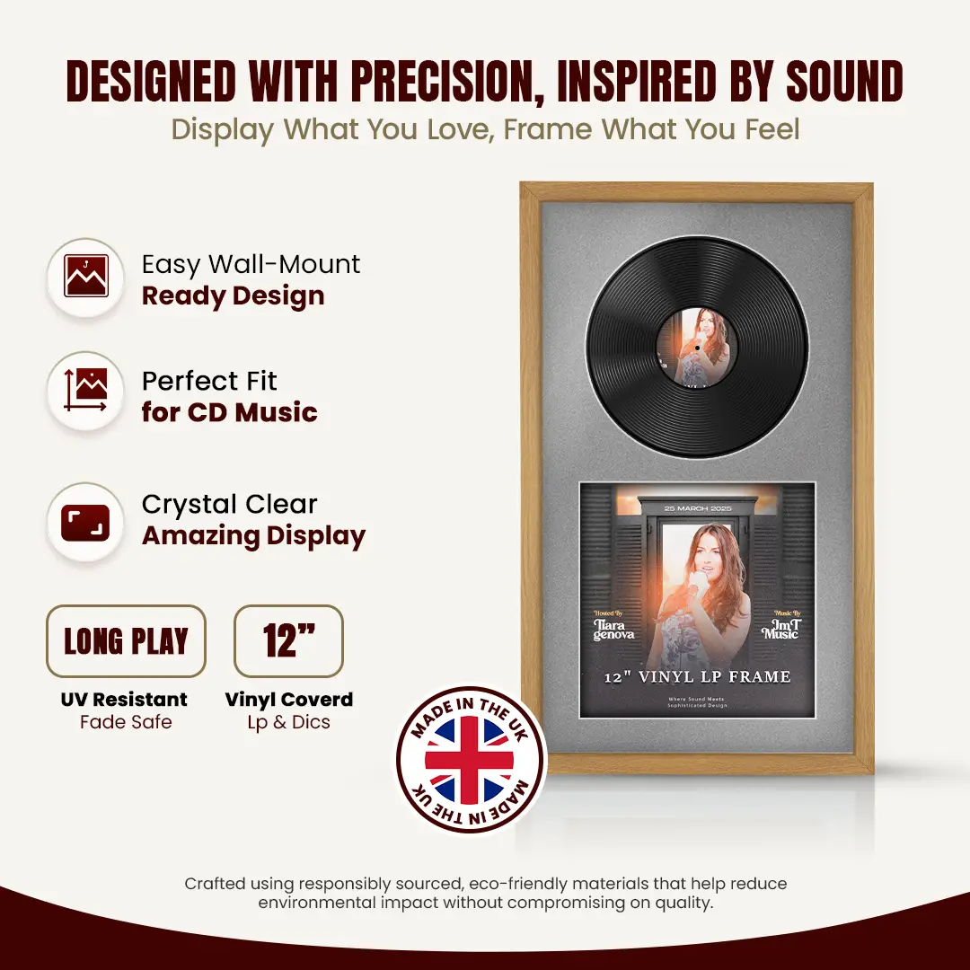 30x17" Modern Sleek Oak Vinyl Record Frame With Silver Mount | Side by Side 12" LP Cover & Disc Display thumbnail 8