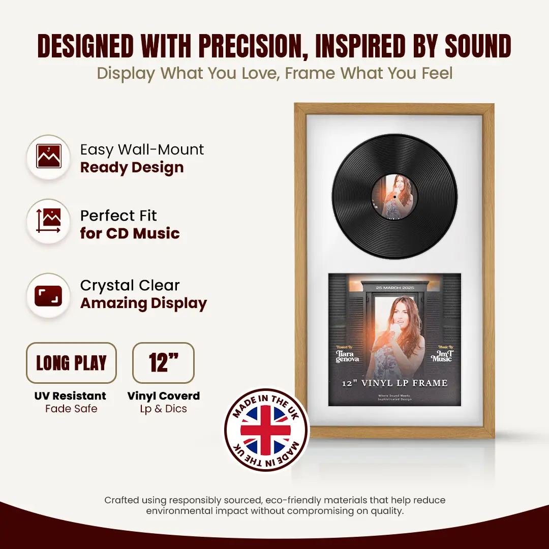 30x17" Modern Sleek Oak Vinyl Record Frame With Ice White Mount | Displays 12" LP Cover & Disc Side by Side thumbnail 8