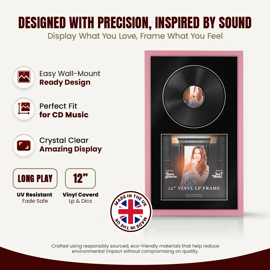 30x17" Modern Sleek Pastel Pink Vinyl Record Frame With Black Mount | For 12" LP Cover and Disc Side By Side Display thumbnail 8