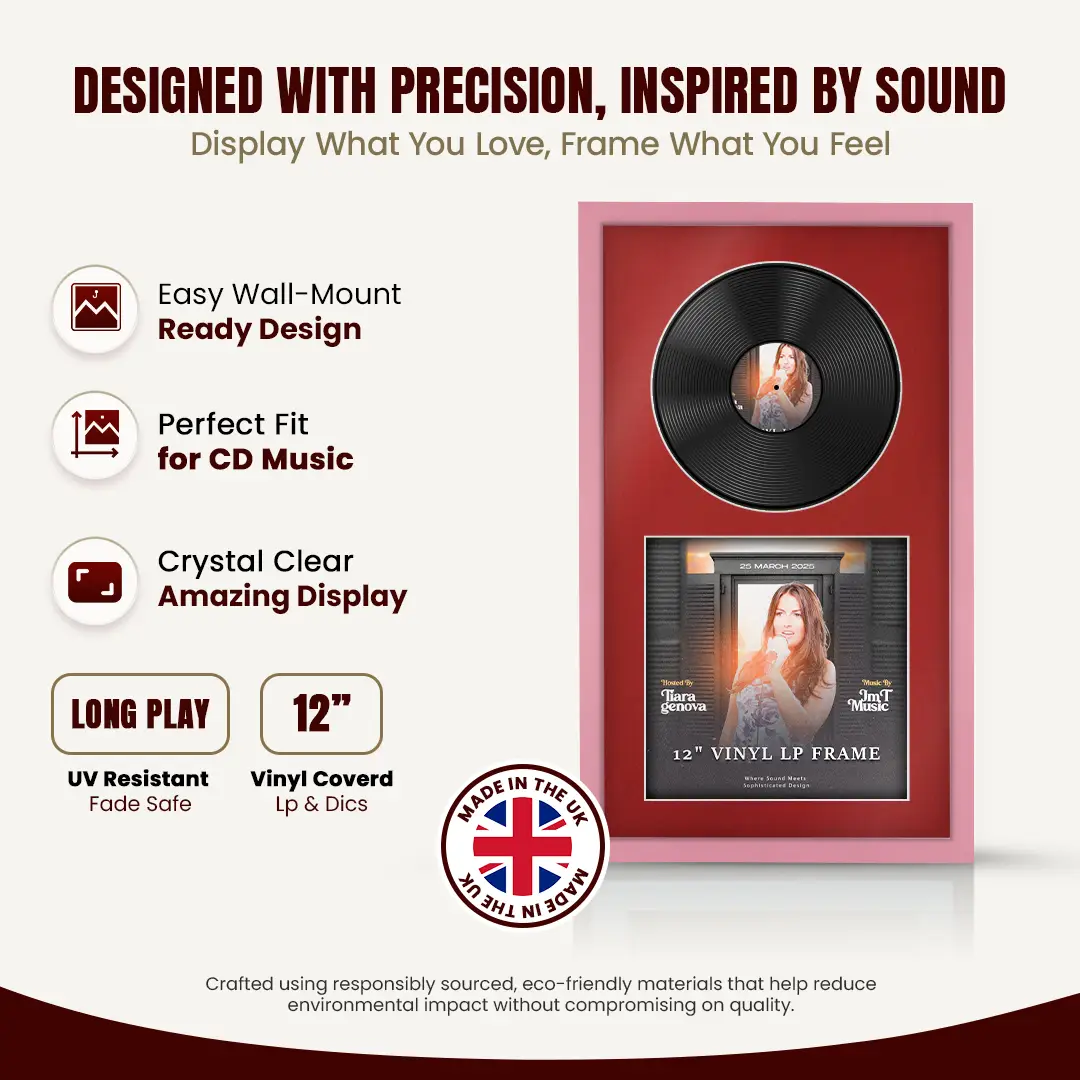 30x17" Modern Sleek Pastel Pink Vinyl Record Frame With Crimson Mount | For 12" LP Cover and Disc Side By Side Display thumbnail 8