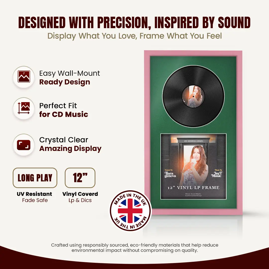 30x17" Modern Sleek Pastel Pink Vinyl Record Frame With Emerald (Green) Mount | For 12" LP Cover and Disc Side By Side Display thumbnail 8