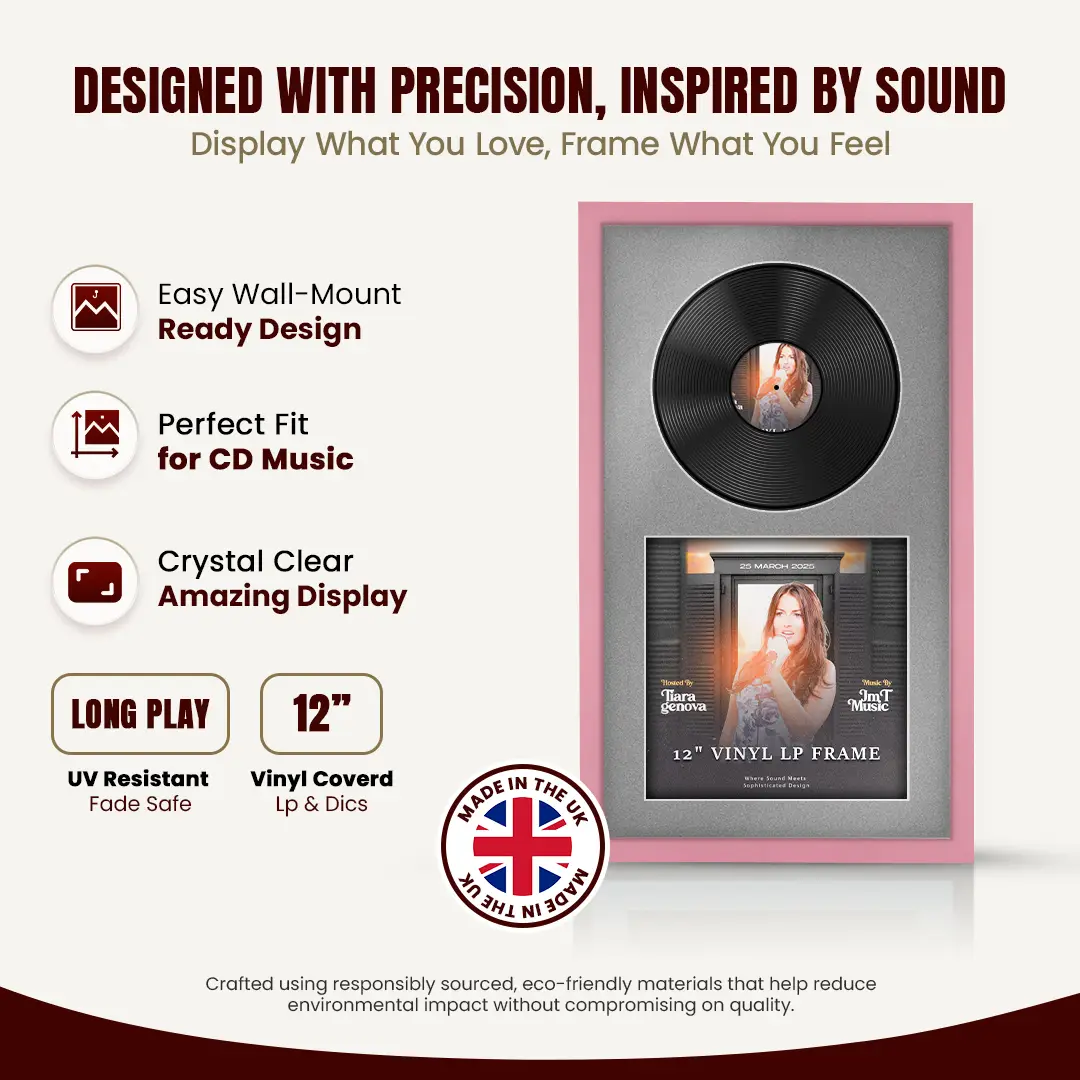 30x17" Modern Sleek Pastel Pink Vinyl Record Frame With Silver Mount | Displays 12" LP Cover & Disc Side by Side thumbnail 8