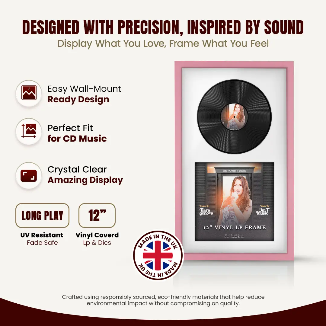 30x17" Modern Sleek Pastel Pink Vinyl Record Frame With Ice White Mount | Displays 12" LP Cover & Disc Side by Side thumbnail 8