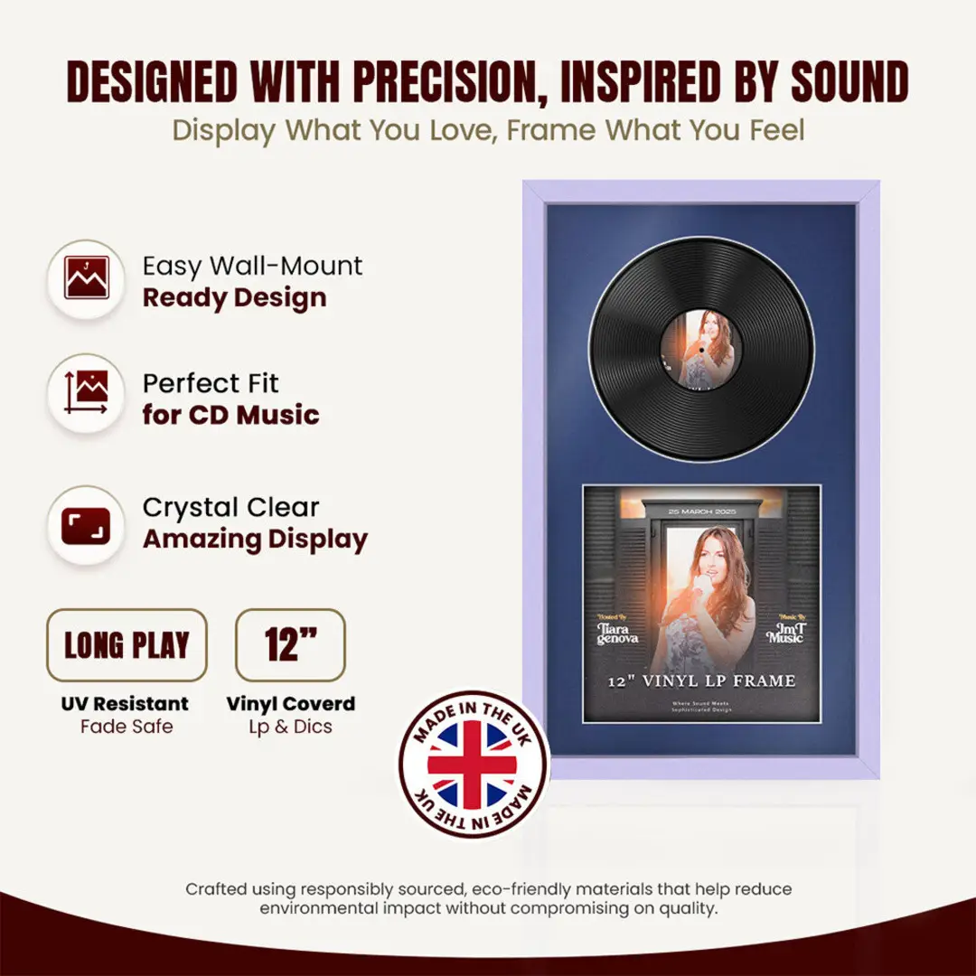 30x17" Modern Sleek Purple Vinyl Record Frame With Blue Mount | Displays 12" LP Cover & Disc Side by Side thumbnail 8