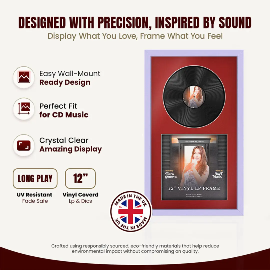 30x17" Modern Sleek Purple Vinyl Record Frame With Crimson Mount | Side by Side 12" LP Cover & Disc Display thumbnail 8