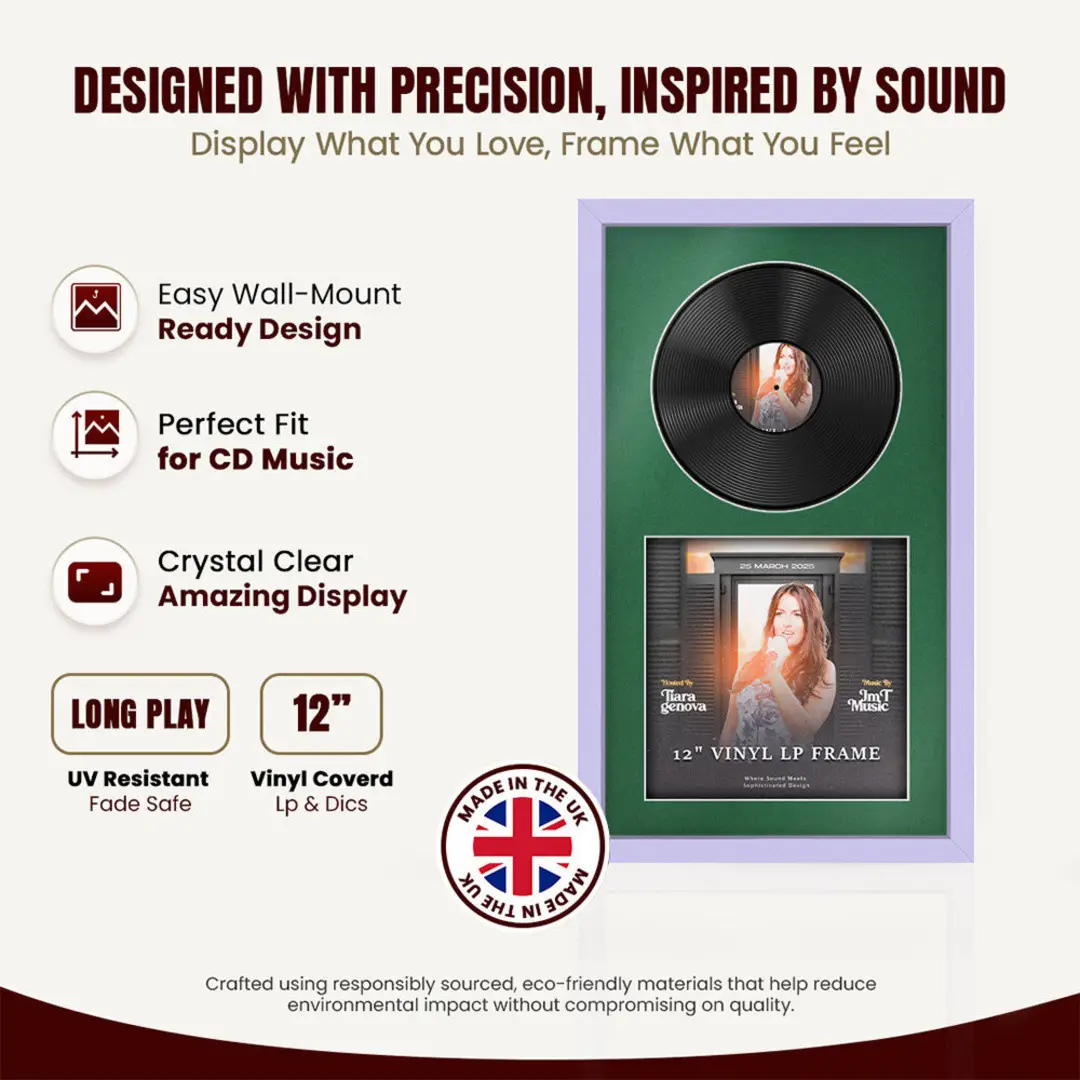 30x17" Modern Sleek Purple Vinyl Record Frame With Emerald (Green) Mount | Side by Side 12" LP Cover & Disc Display thumbnail 8