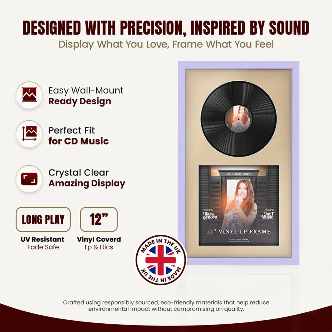 30x17" Modern Sleek Purple Vinyl Record Frame With Ivory Mount | Displays 12" LP Cover & Disc Side by Side thumbnail 8