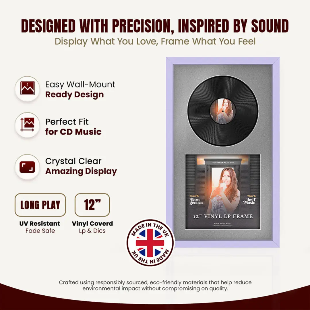 30x17" Modern Sleek Purple Vinyl Record Frame With Silver Mount | For 12" LP Cover and Disc Side By Side Display thumbnail 8