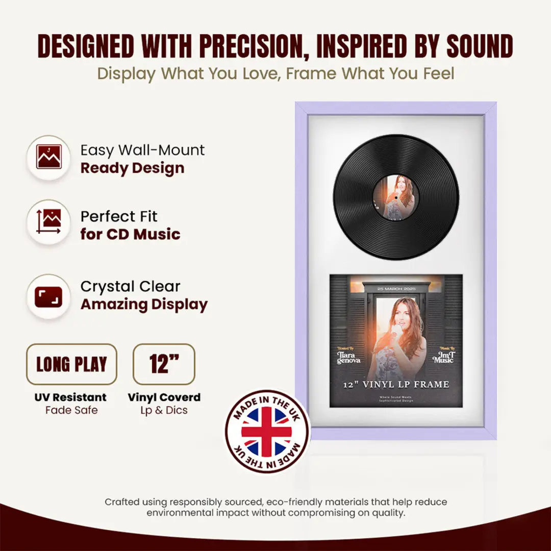 30x17" Modern Sleek Purple Vinyl Record Frame With Ice White Mount | For 12" LP Cover and Disc Side By Side Display thumbnail 8