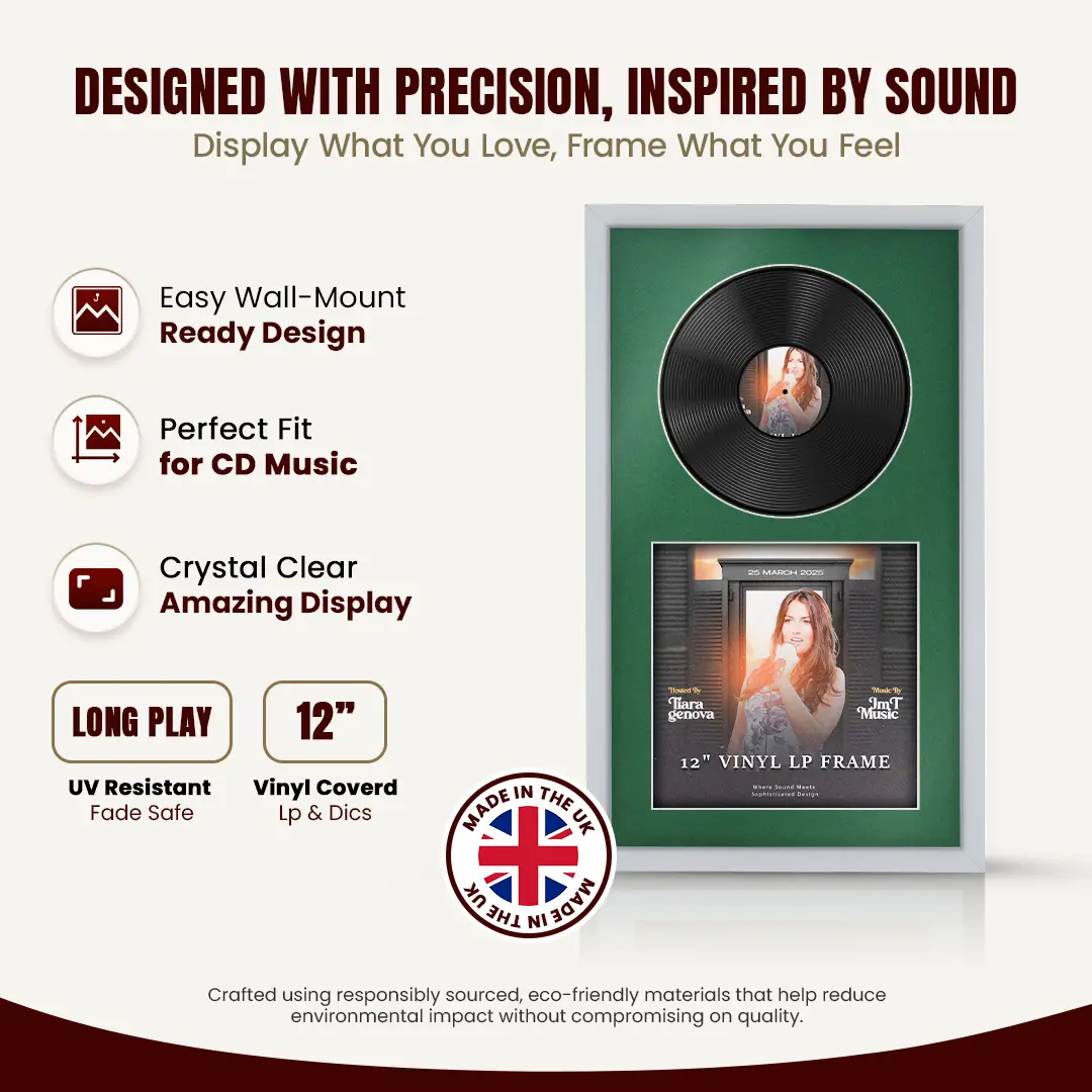 30x17" Modern Sleek Silver Vinyl Record Frame With Emerald (Green) Mount | For 12" LP Cover and Disc Side By Side Display thumbnail 8