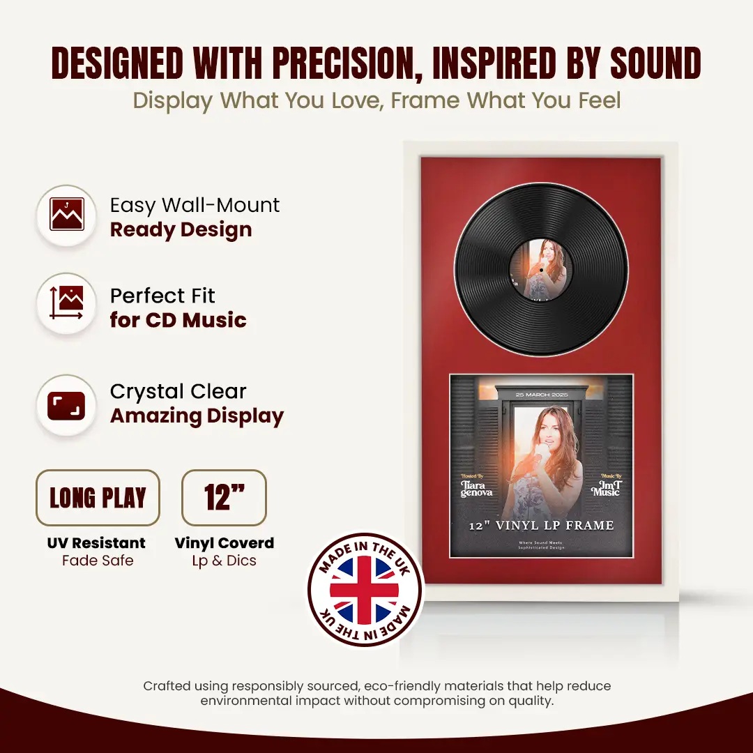 30x17" Modern Sleek White Vinyl Record Frame With Crimson Mount | For 12" LP Cover and Disc Side By Side Display thumbnail 8