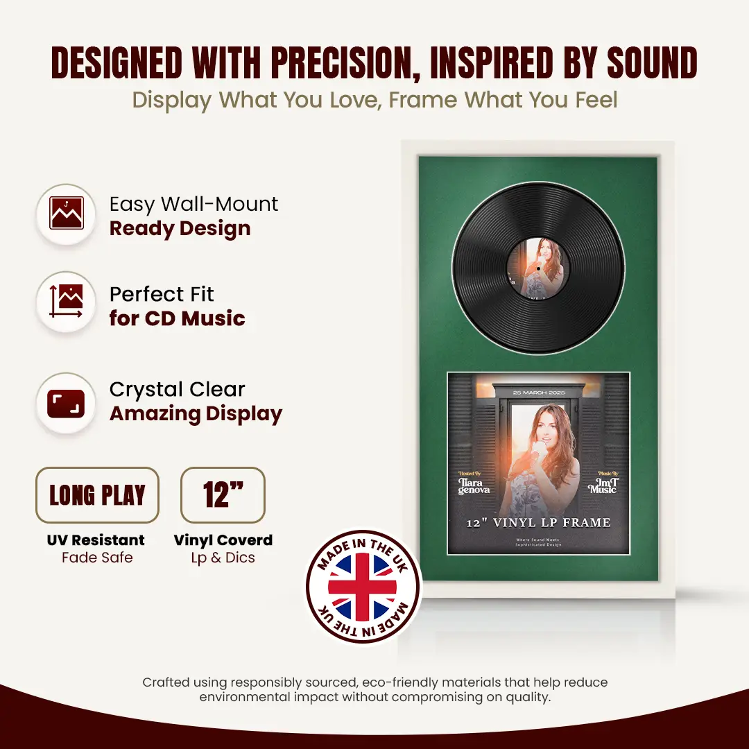 30x17" Modern Sleek White Vinyl Record Frame With Emerald (Green) Mount | Side by Side 12" LP Cover & Disc Display thumbnail 8